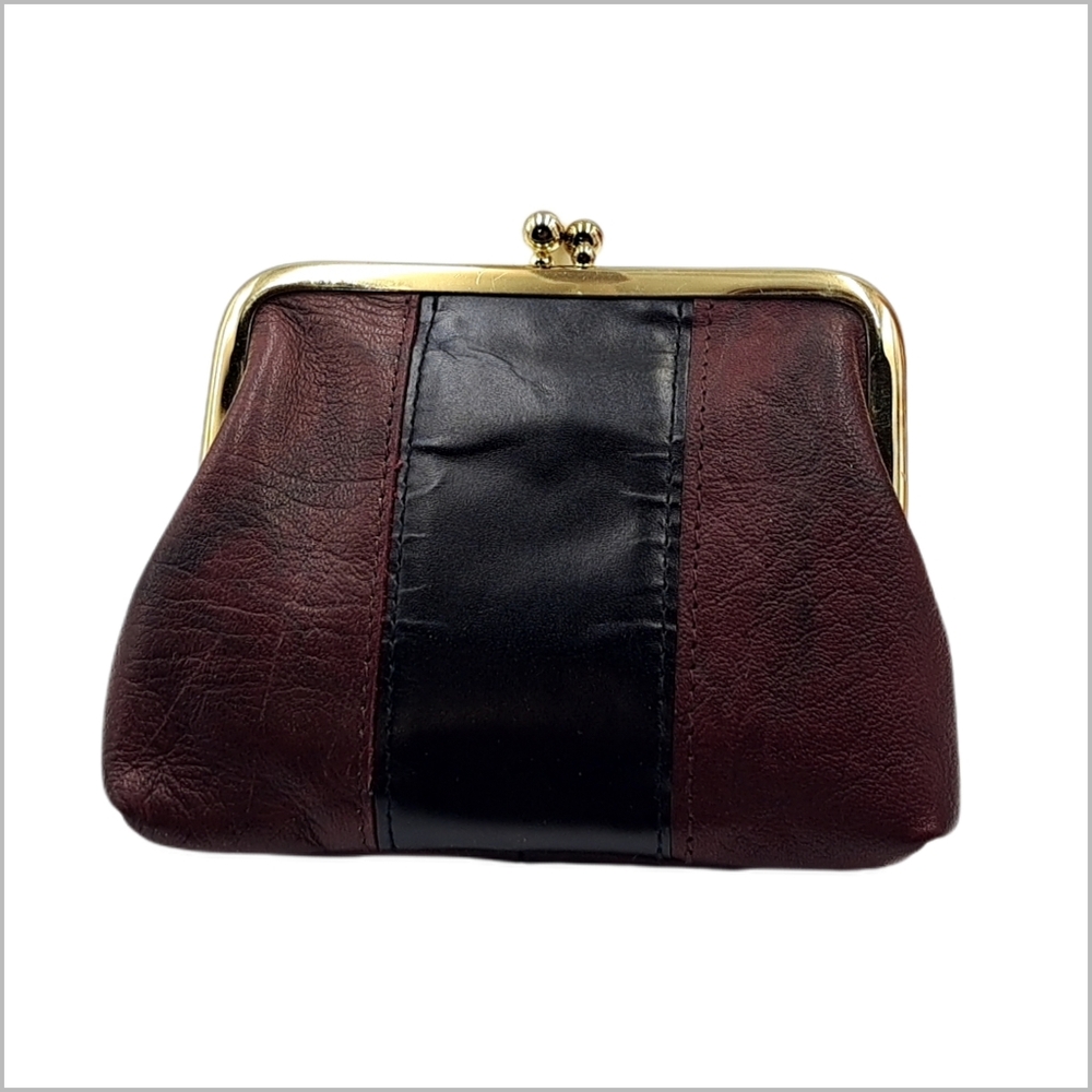 Buxton ~ Genuine Leather Black and Plum Kiss-Lip Closure Coin Bag. 4" x 3.5"